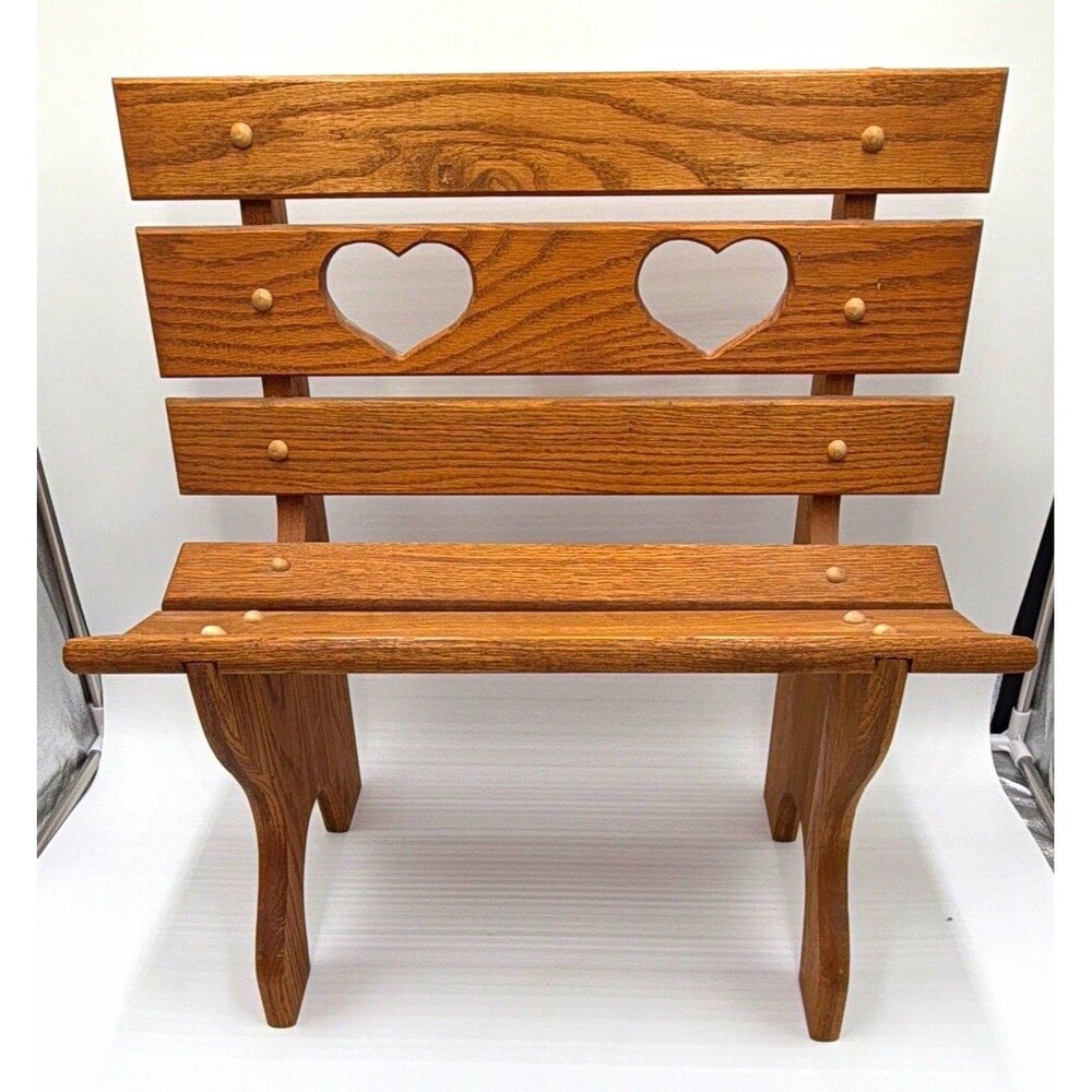 Handcrafted Wooden Child Bench Doll Bench Stool Double Heart Cutout Oak Finish